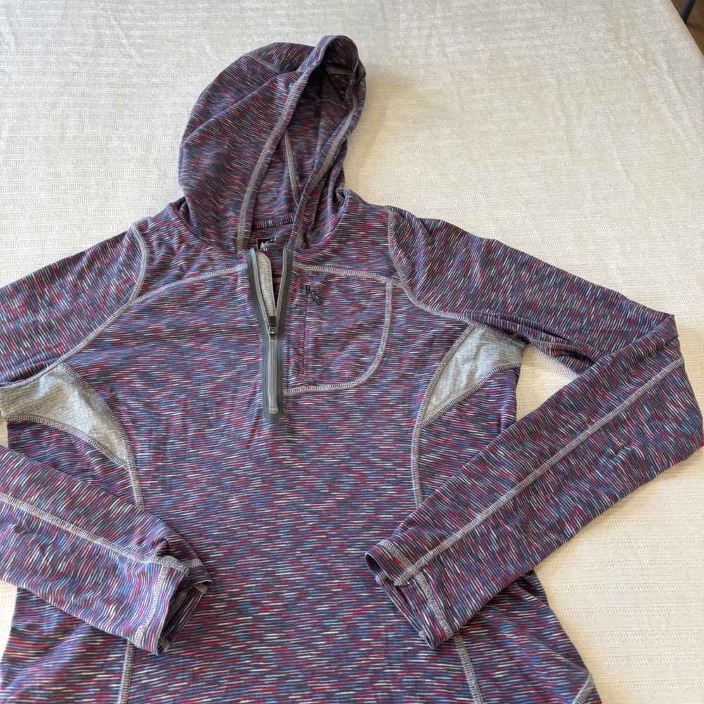 REI Co-op Womens Medium Space Dye Quarter Zip Hooded Pullover 877905 Purple Blue